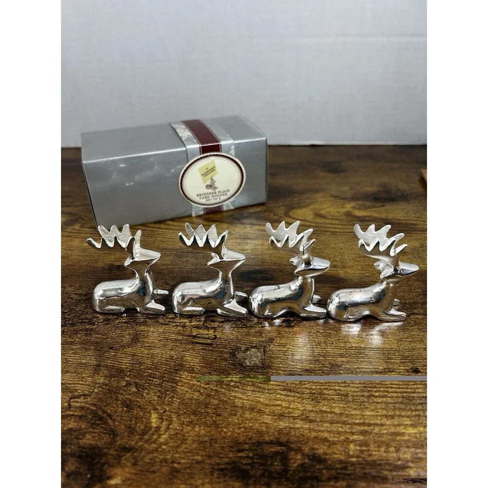VTG Silver Plated Reindeer Place Card Holders Set of 4 with Blank Placecards